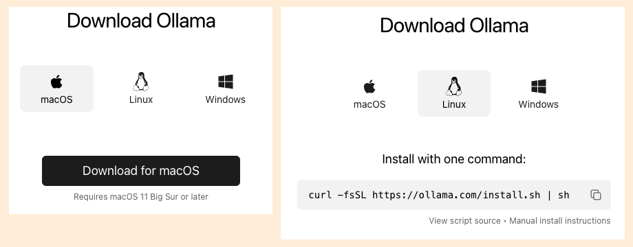 The download page of Ollama.  Different OS, different way