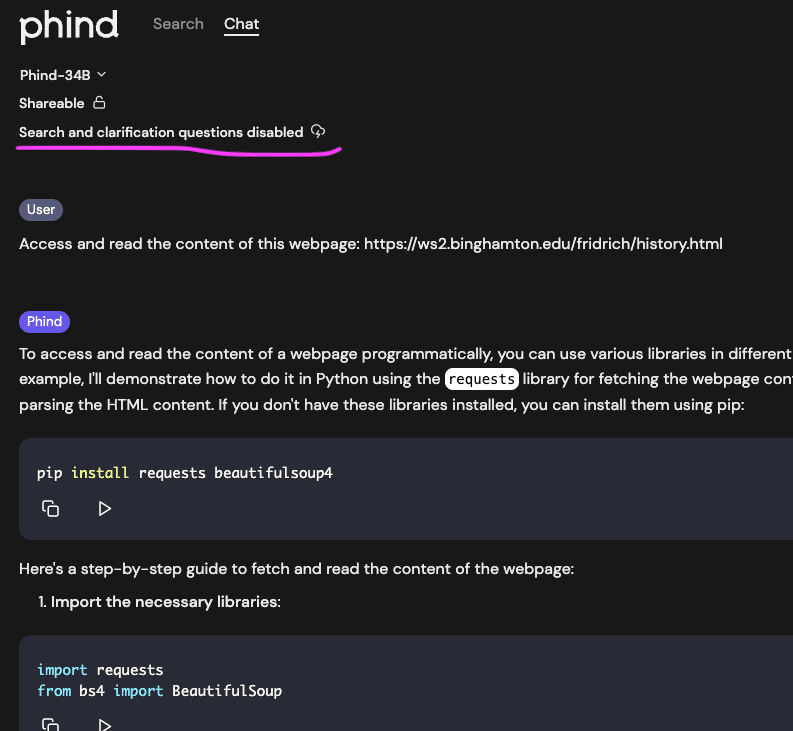 Screenshot of Phind: tell me how to crawl a website in code