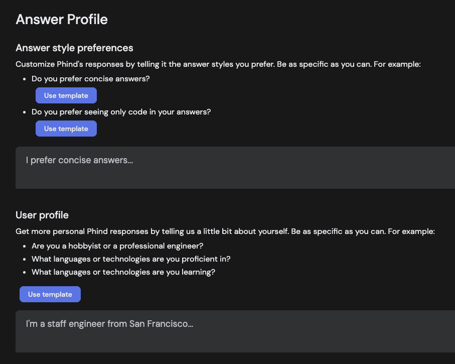 Screenshot of Phind: Personalized Answer Profile