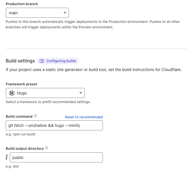 screenshot of cloudflare pages: set up hugo deployment