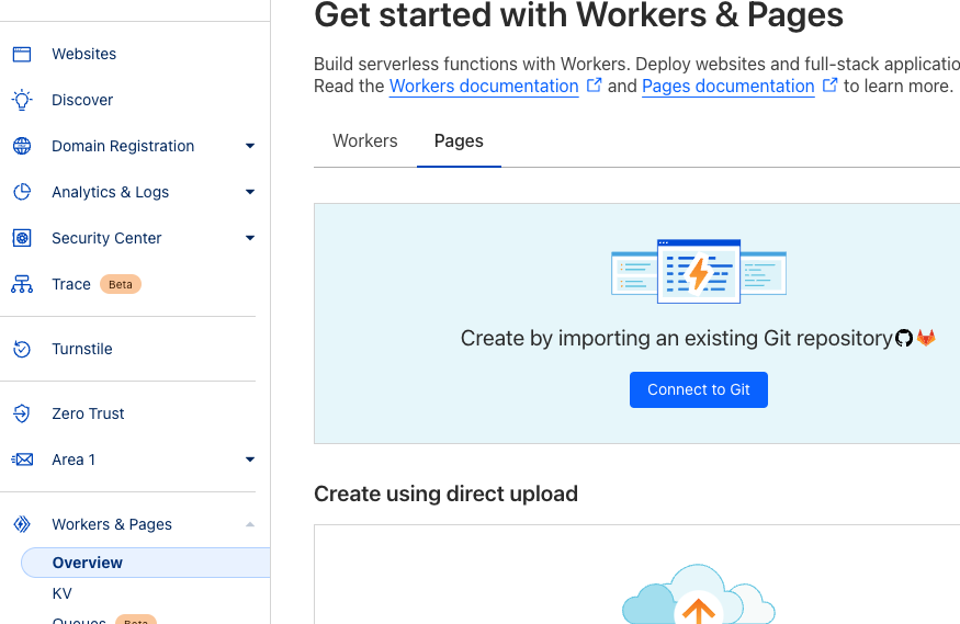 screenshot of cloudflare pages: create a page and connect to git